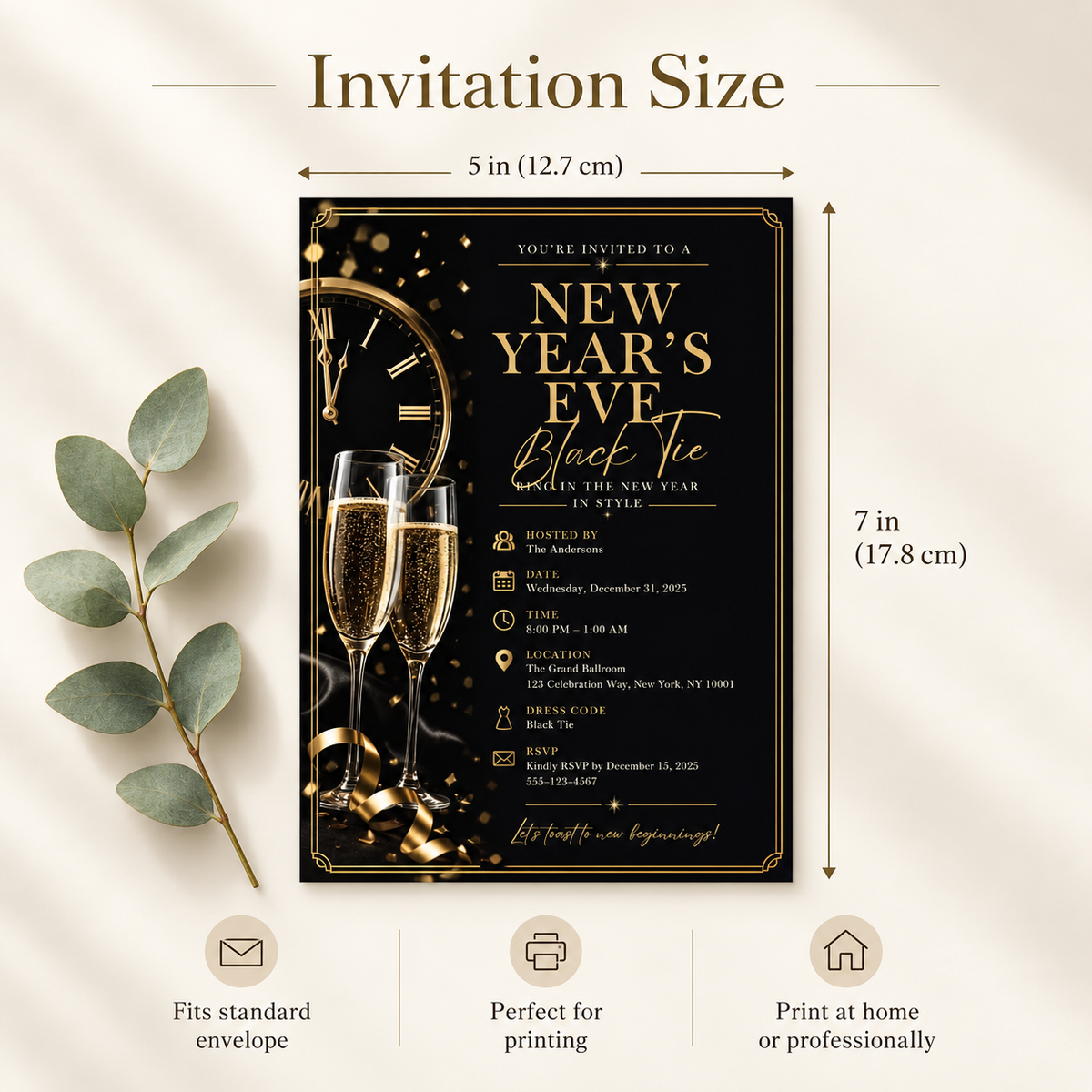Black Tie NYE Invitation, Elegant Black Silver Formal Party Invite