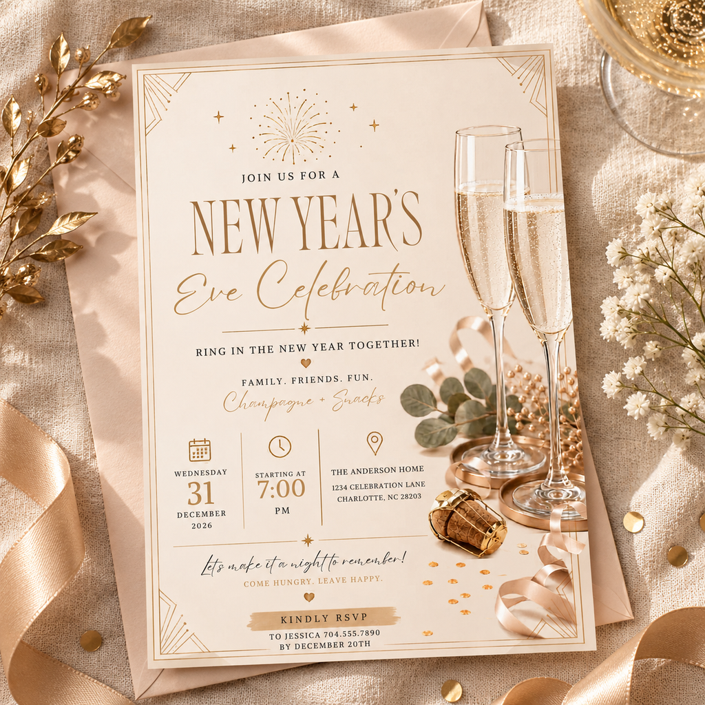 Casual Family NYE Invitation, Gold Cream New Year Party Invite