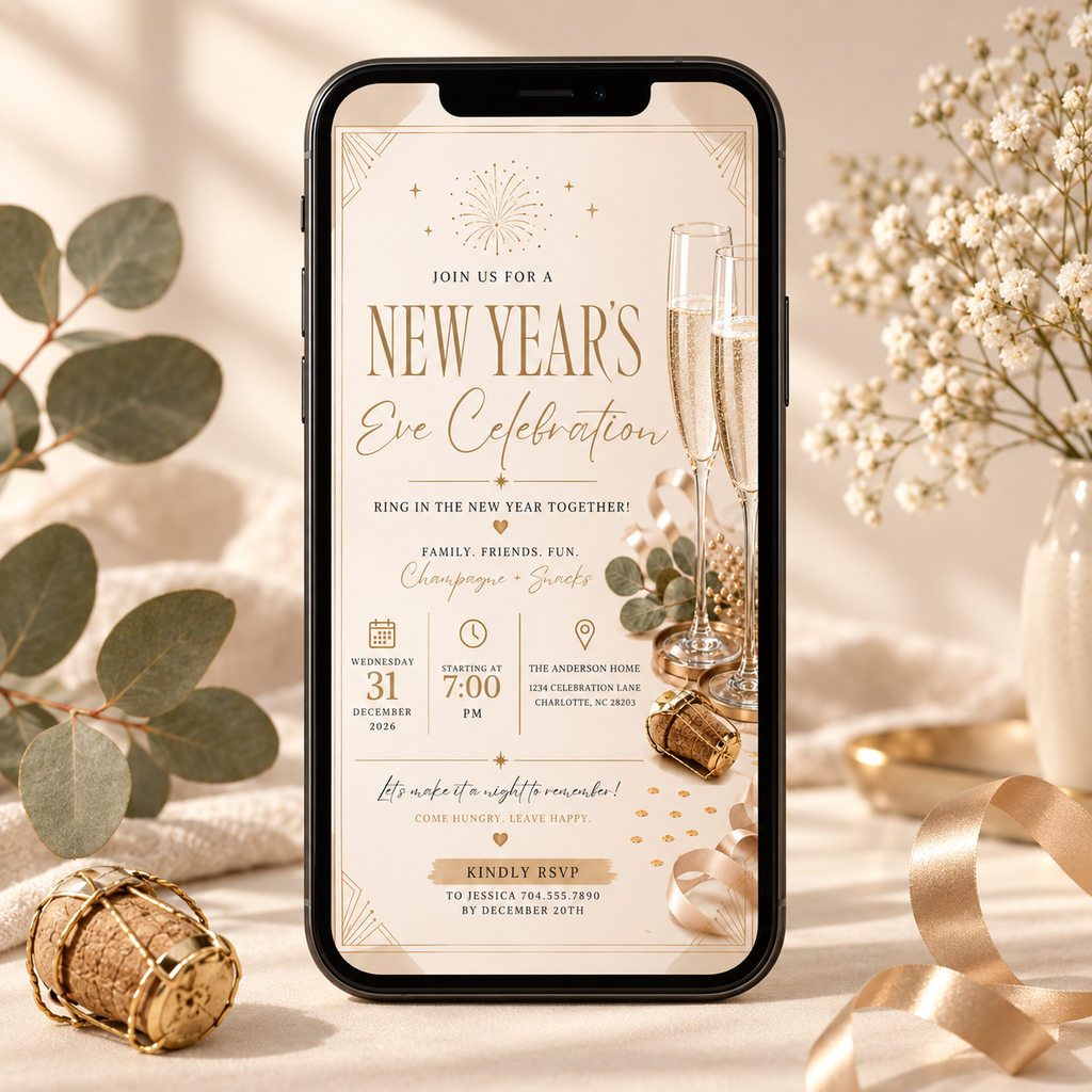 Casual Family NYE Invitation, Gold Cream New Year Party Invite