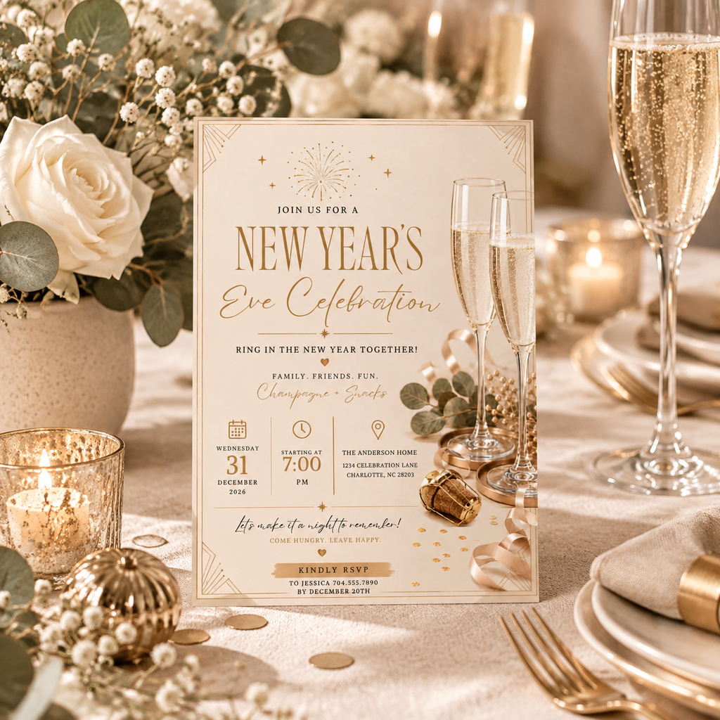 Casual Family NYE Invitation, Gold Cream New Year Party Invite