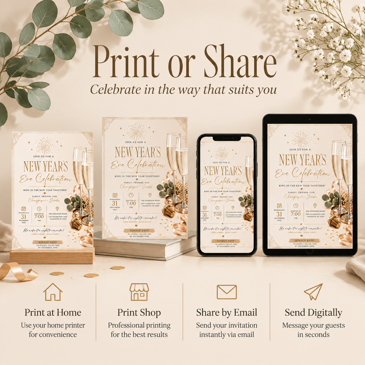 Casual Family NYE Invitation, Gold Cream New Year Party Invite