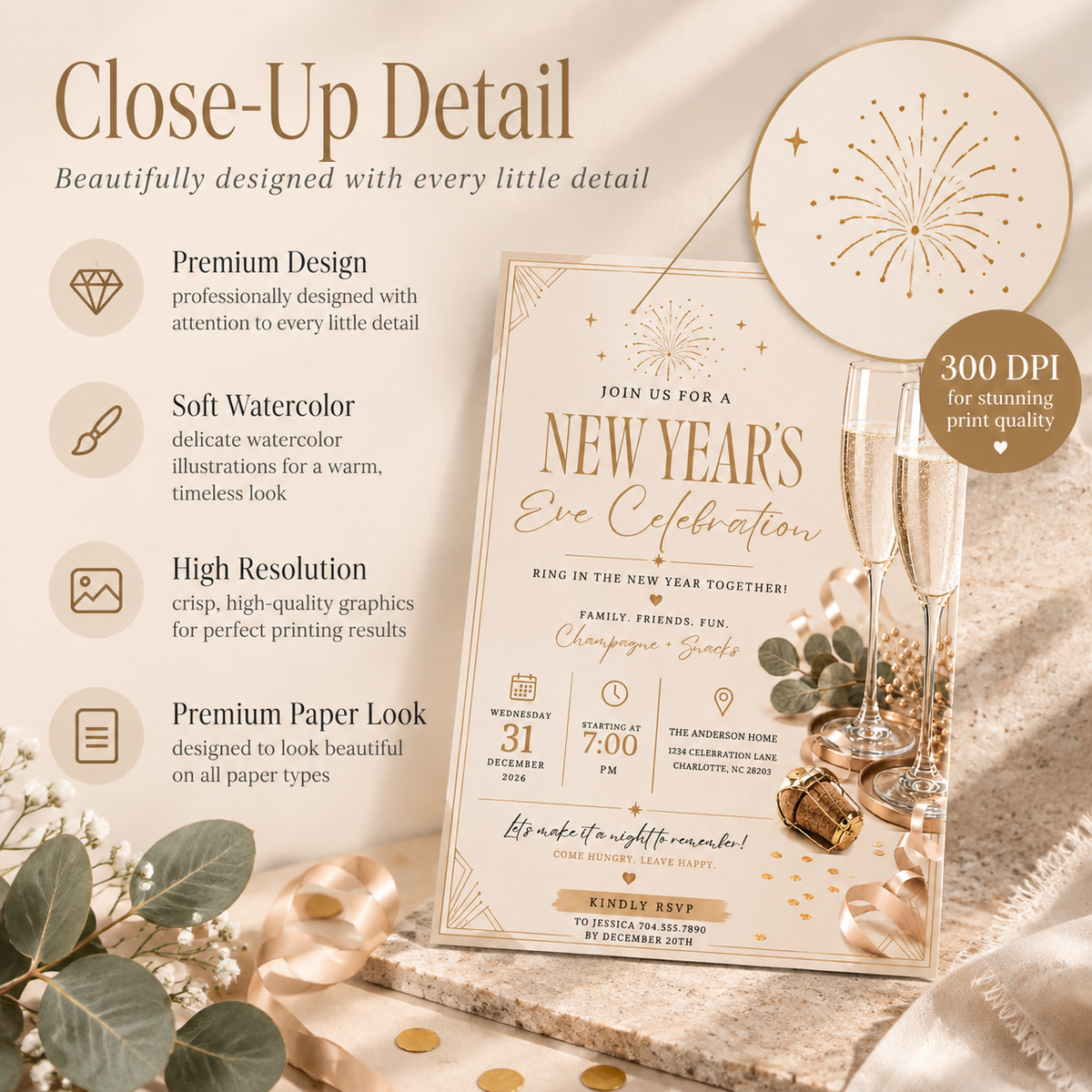 Casual Family NYE Invitation, Gold Cream New Year Party Invite