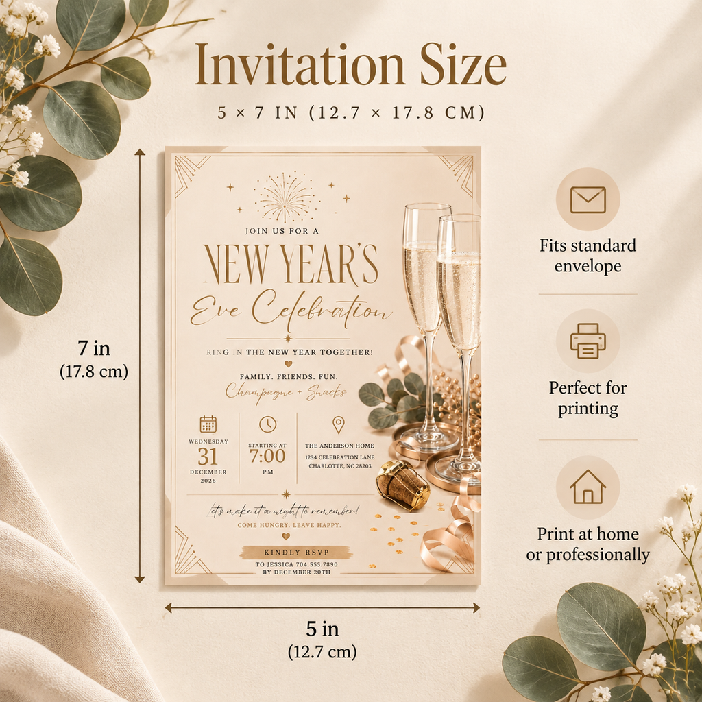 Casual Family NYE Invitation, Gold Cream New Year Party Invite