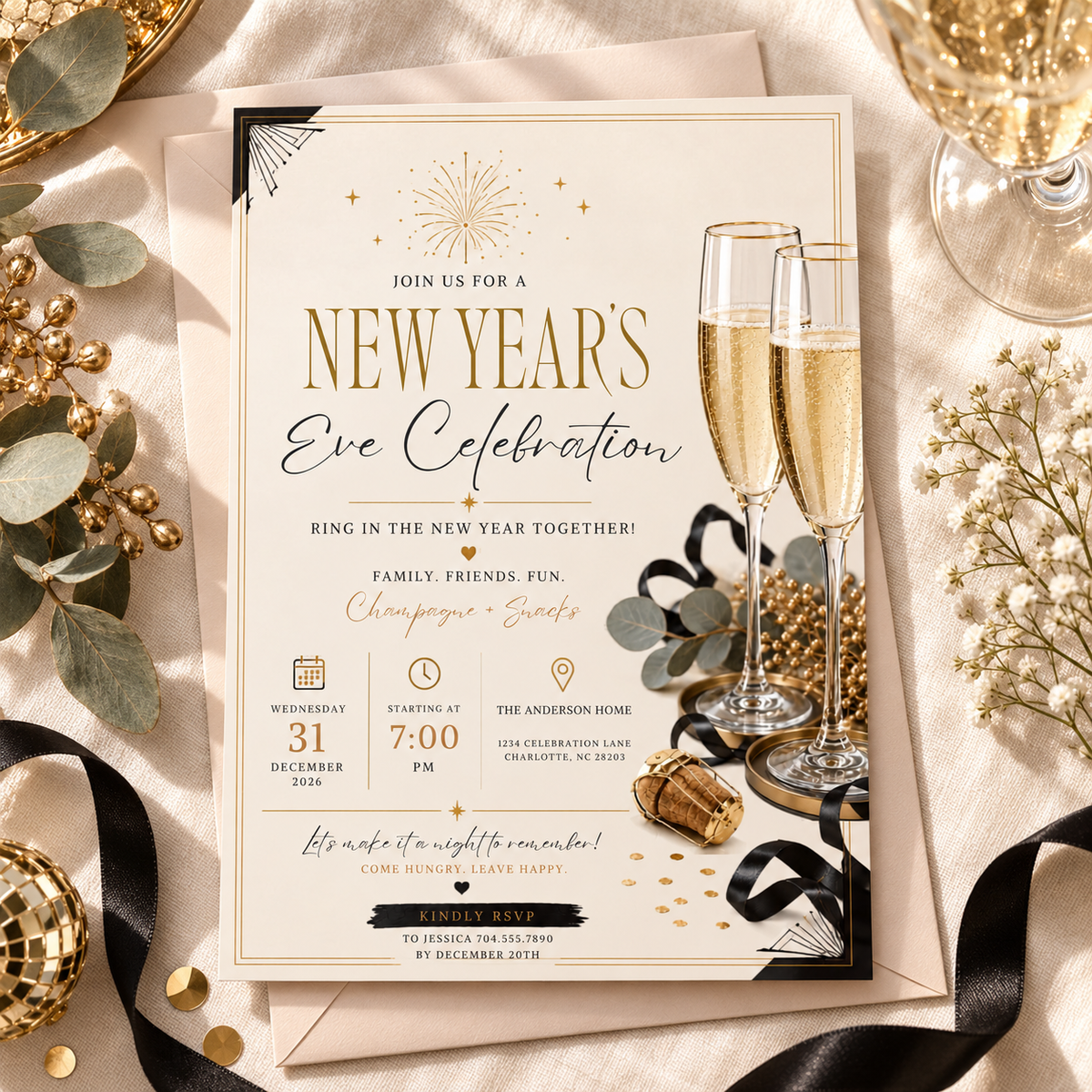 Casual Family NYE Invitation, Rose Gold Cream, Champagne Snacks