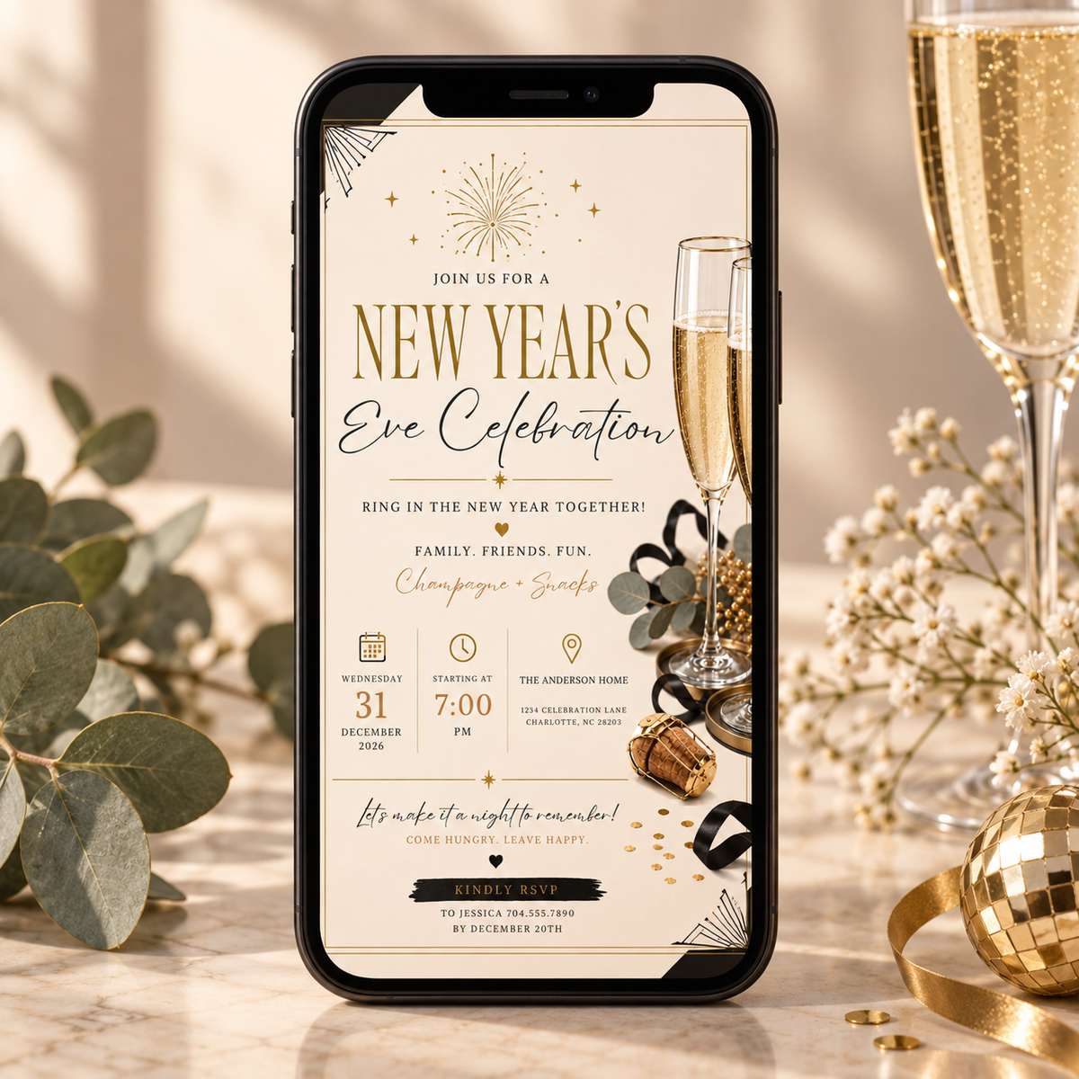 Casual Family NYE Invitation, Rose Gold Cream, Champagne Snacks