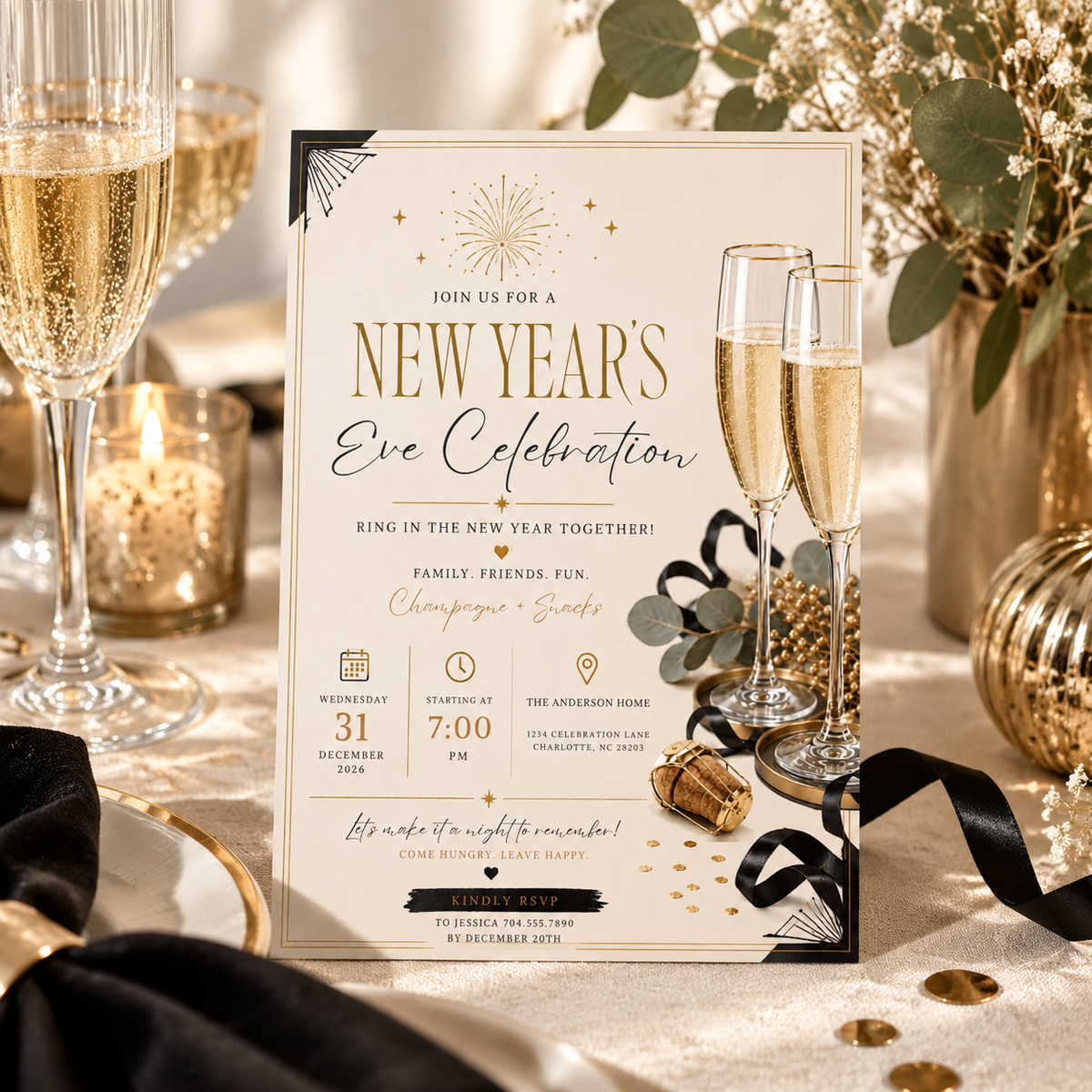 Casual Family NYE Invitation, Rose Gold Cream, Champagne Snacks