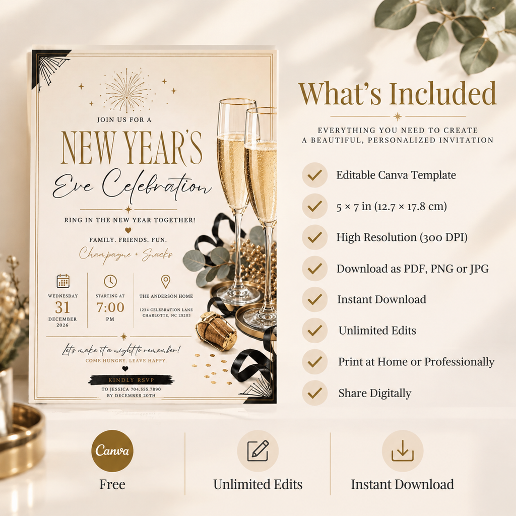 Casual Family NYE Invitation, Rose Gold Cream, Champagne Snacks