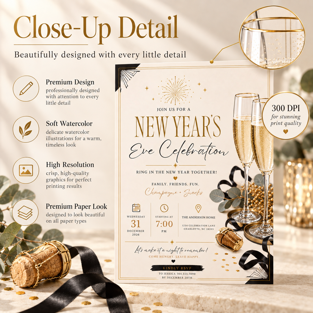 Casual Family NYE Invitation, Rose Gold Cream, Champagne Snacks