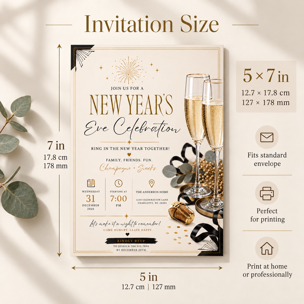 Casual Family NYE Invitation, Rose Gold Cream, Champagne Snacks