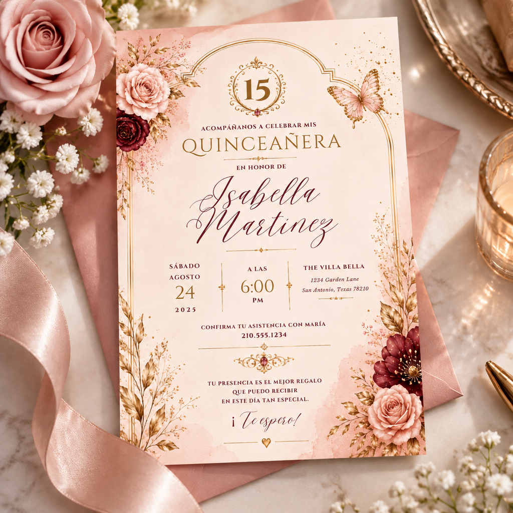 Hero: Quinceañera Invitation – Blush Pink & Gold, elegant editable Canva invitation