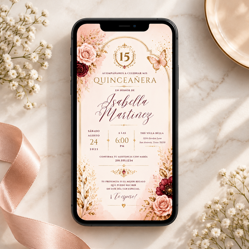 Phone: Quinceañera Invitation Blush Pink & Gold shown on a phone screen