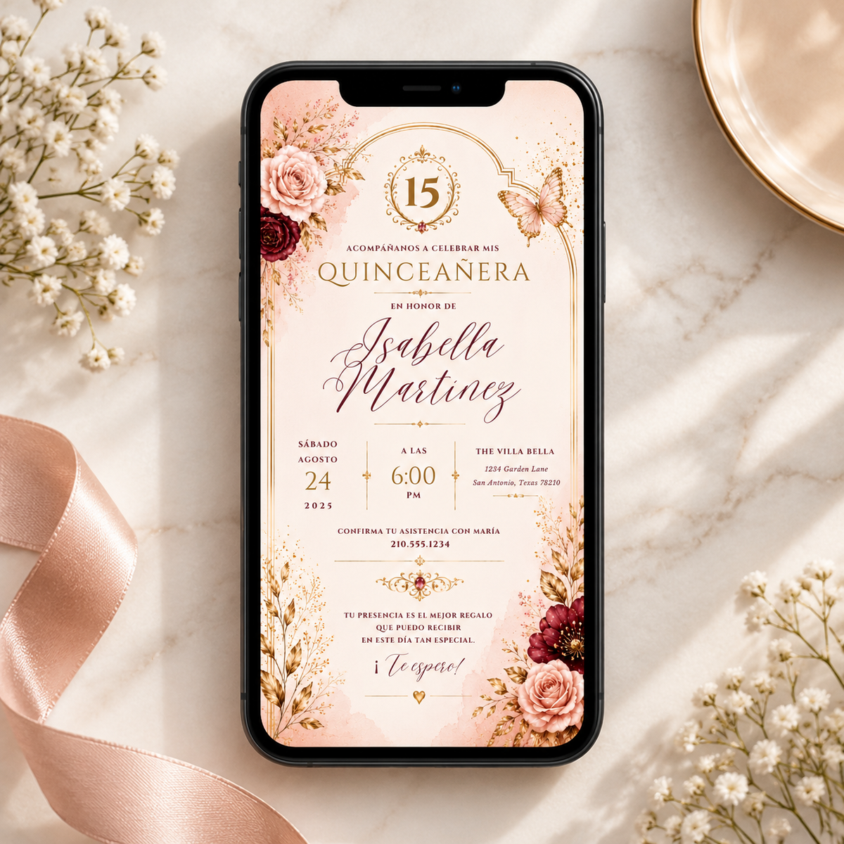 Phone: Quinceañera Invitation Blush Pink & Gold shown on a phone screen