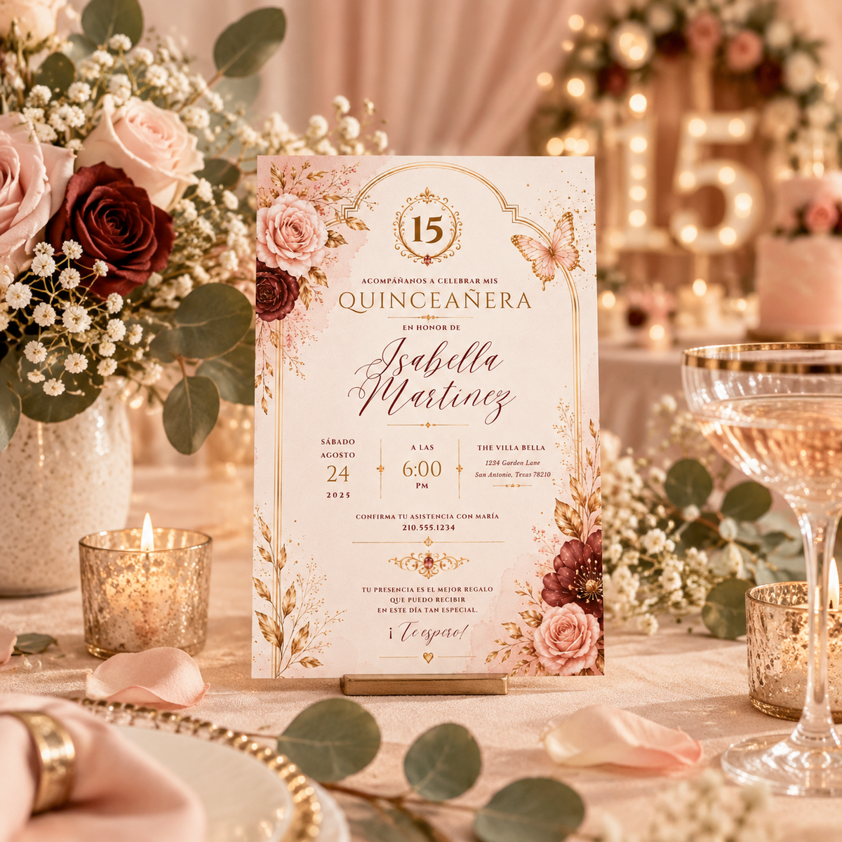 Styled: Quinceañera Invitation Blush Pink & Gold in a glamorous quinceañera celebration setting