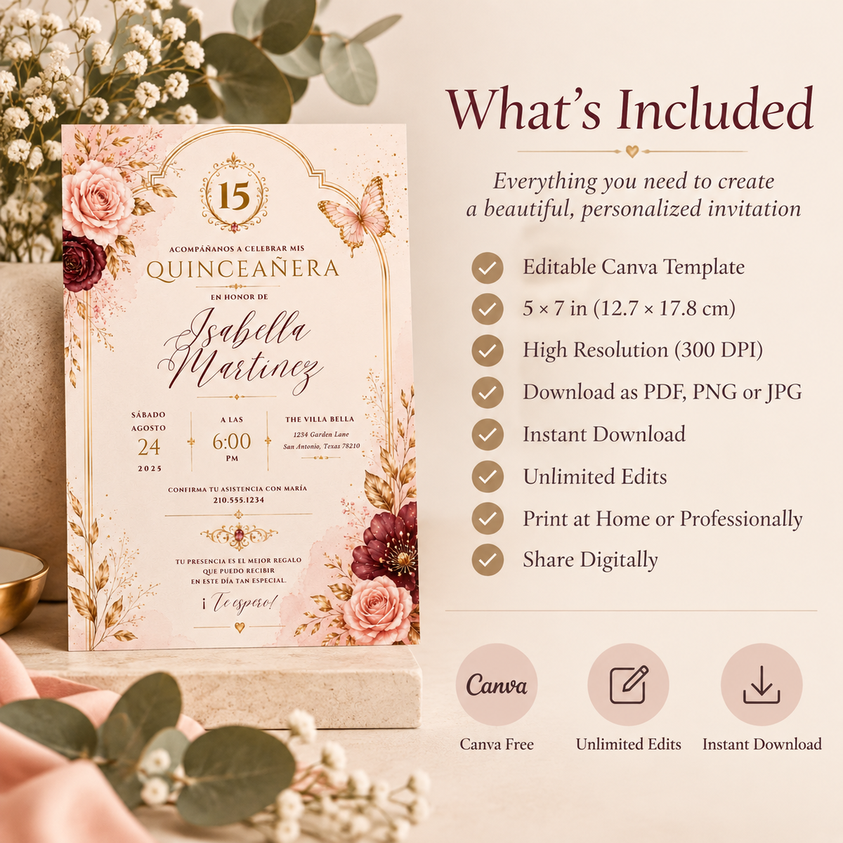 What’s Included: What’s included with the Quinceañera Invitation Blush Pink & Gold