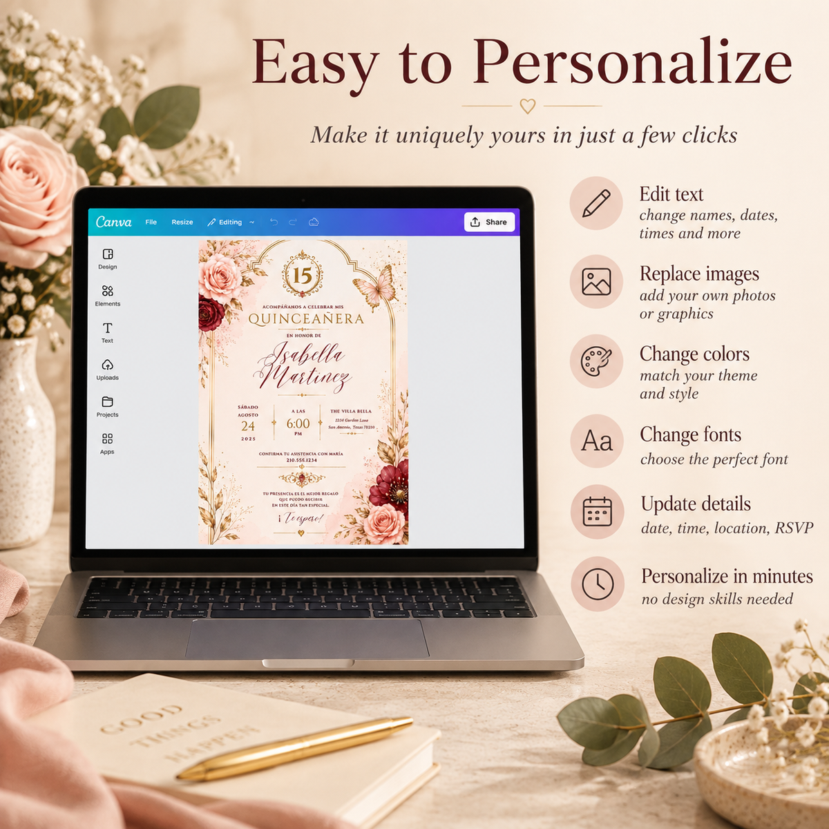 Easy to Personalize: Editing the Quinceañera Invitation Blush Pink & Gold in Canva