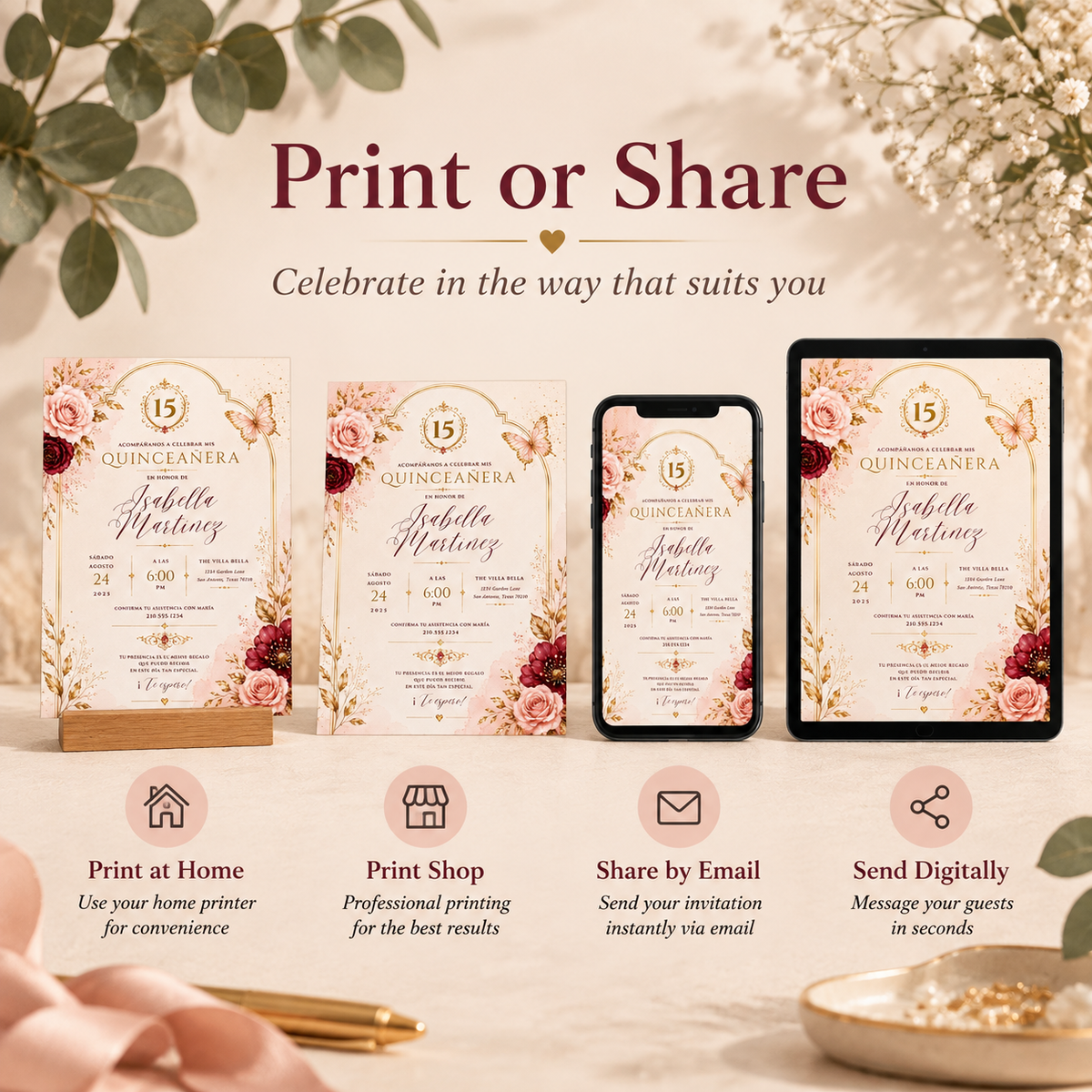Print or Share: Quinceañera Invitation Blush Pink & Gold, print at home or share digitally
