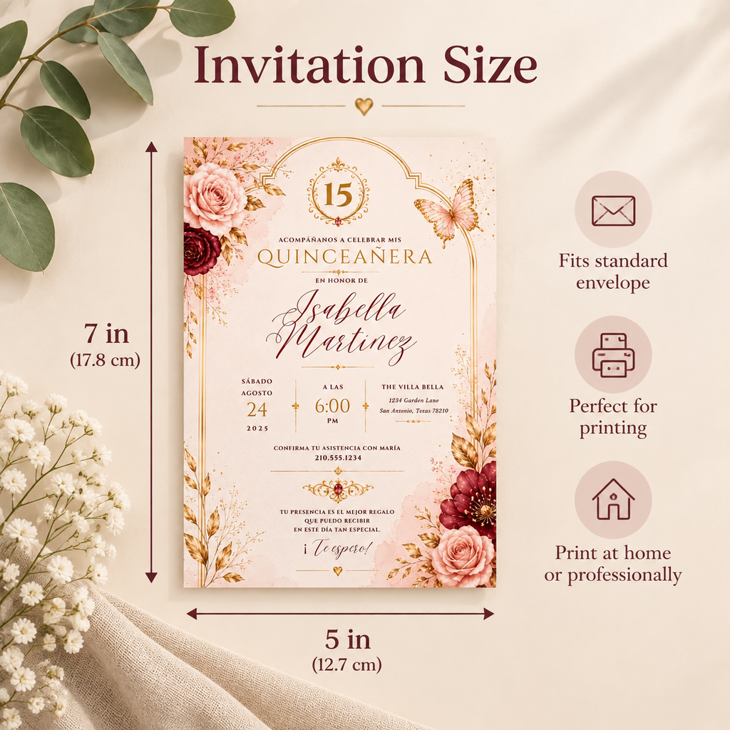 Size: Quinceañera Invitation Blush Pink & Gold, 5x7 inch size guide