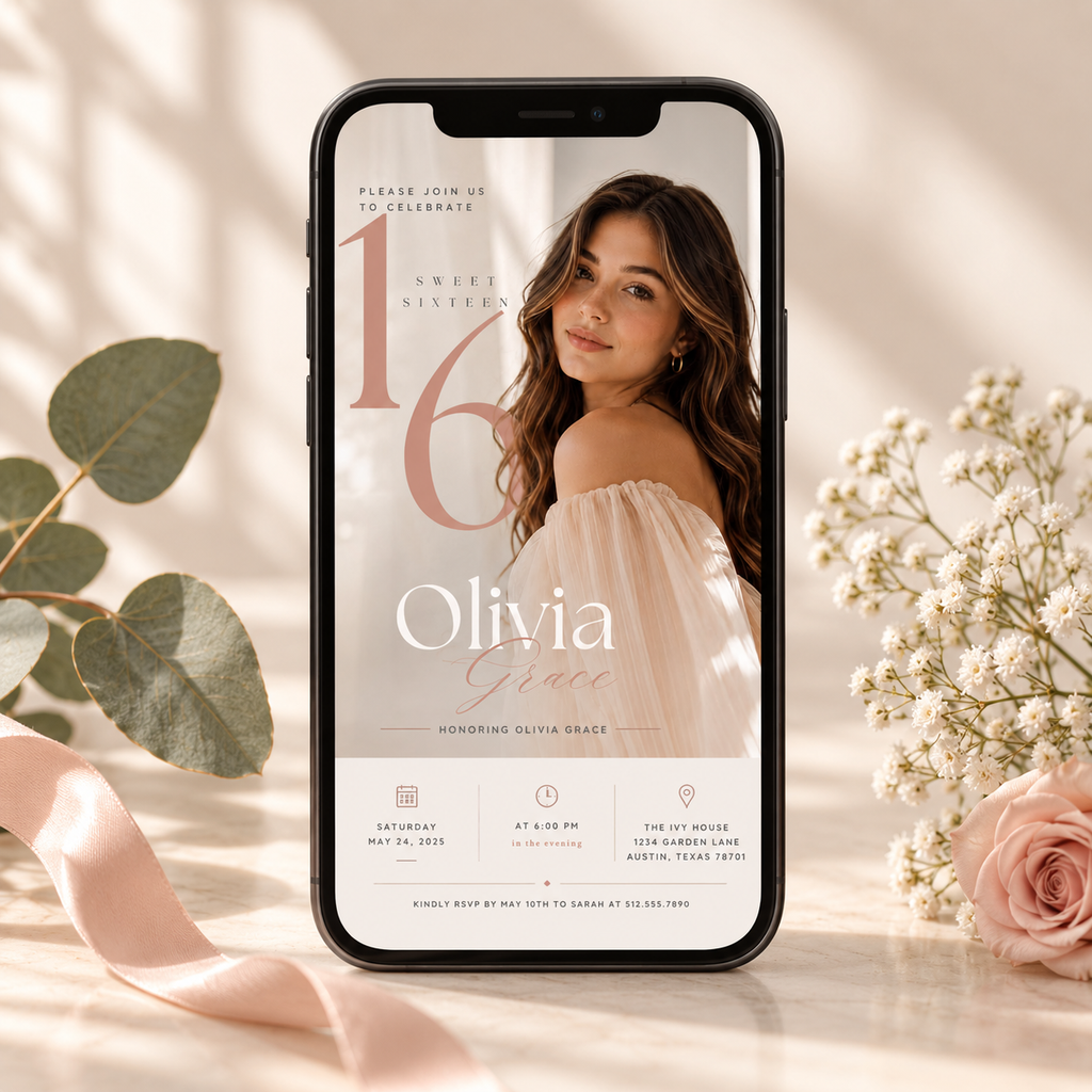Phone: Elegant Sweet 16 Birthday Invitation Beige and Rose Gold shown on a phone screen