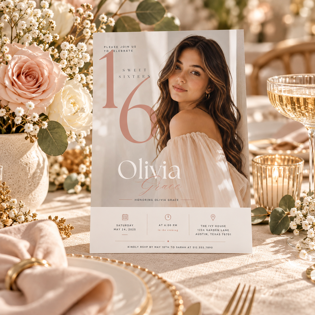Styled: Elegant Sweet 16 Birthday Invitation Beige and Rose Gold in a chic birthday celebration setting
