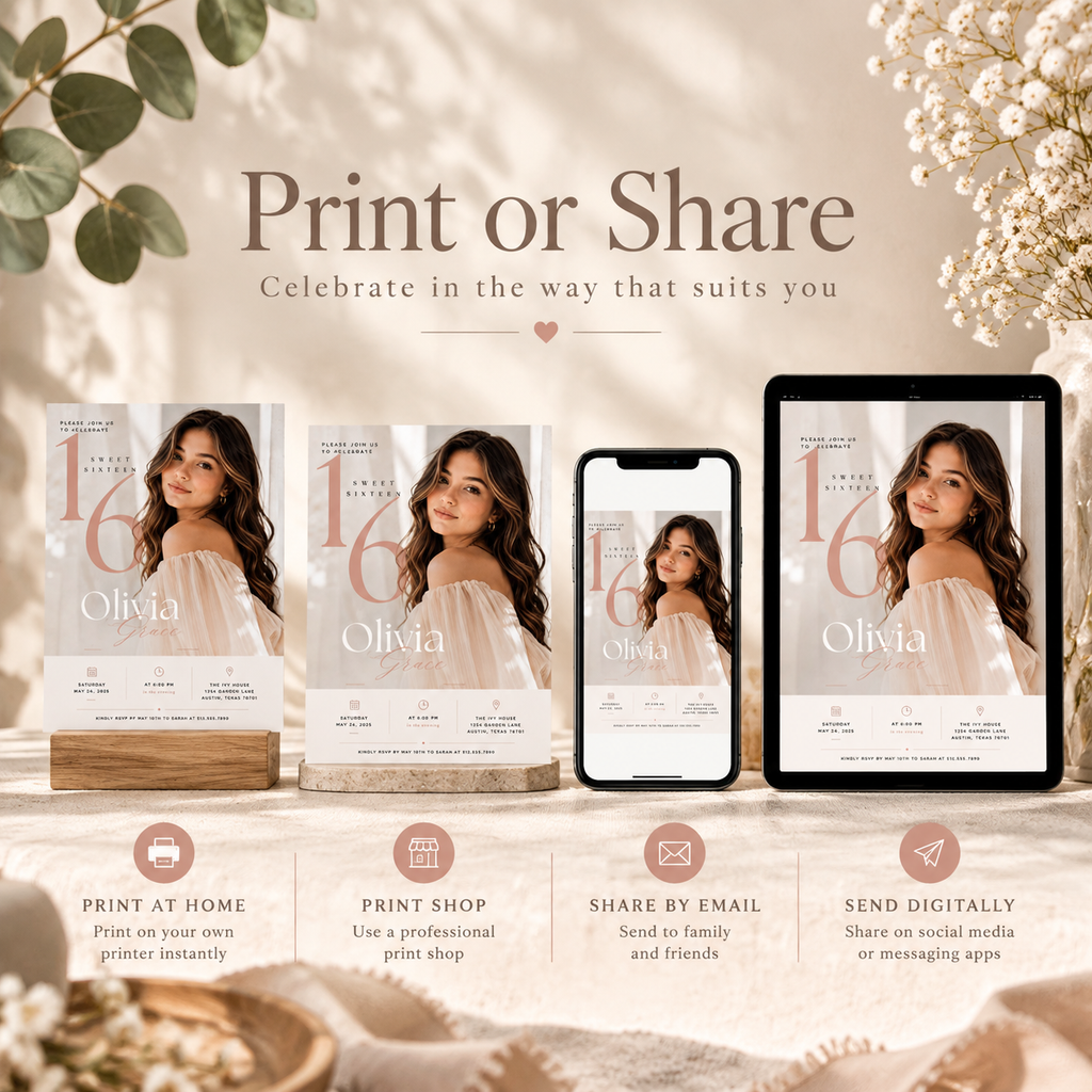 Print or Share: Elegant Sweet 16 Birthday Invitation Beige and Rose Gold, print at home or share digitally