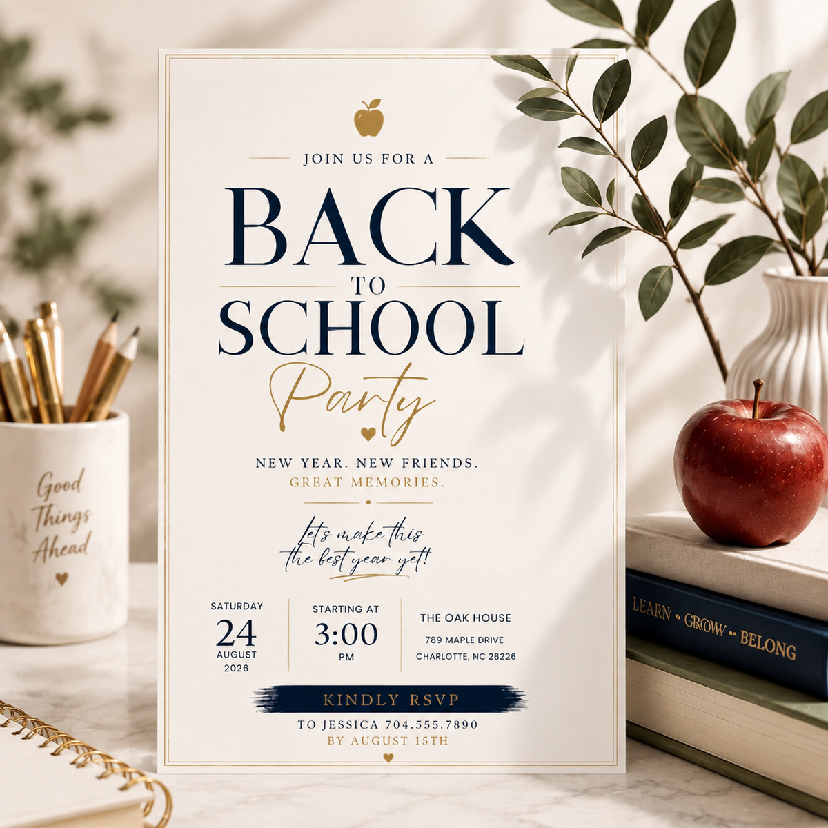 Back to School Party Invitation - Creme & Navy