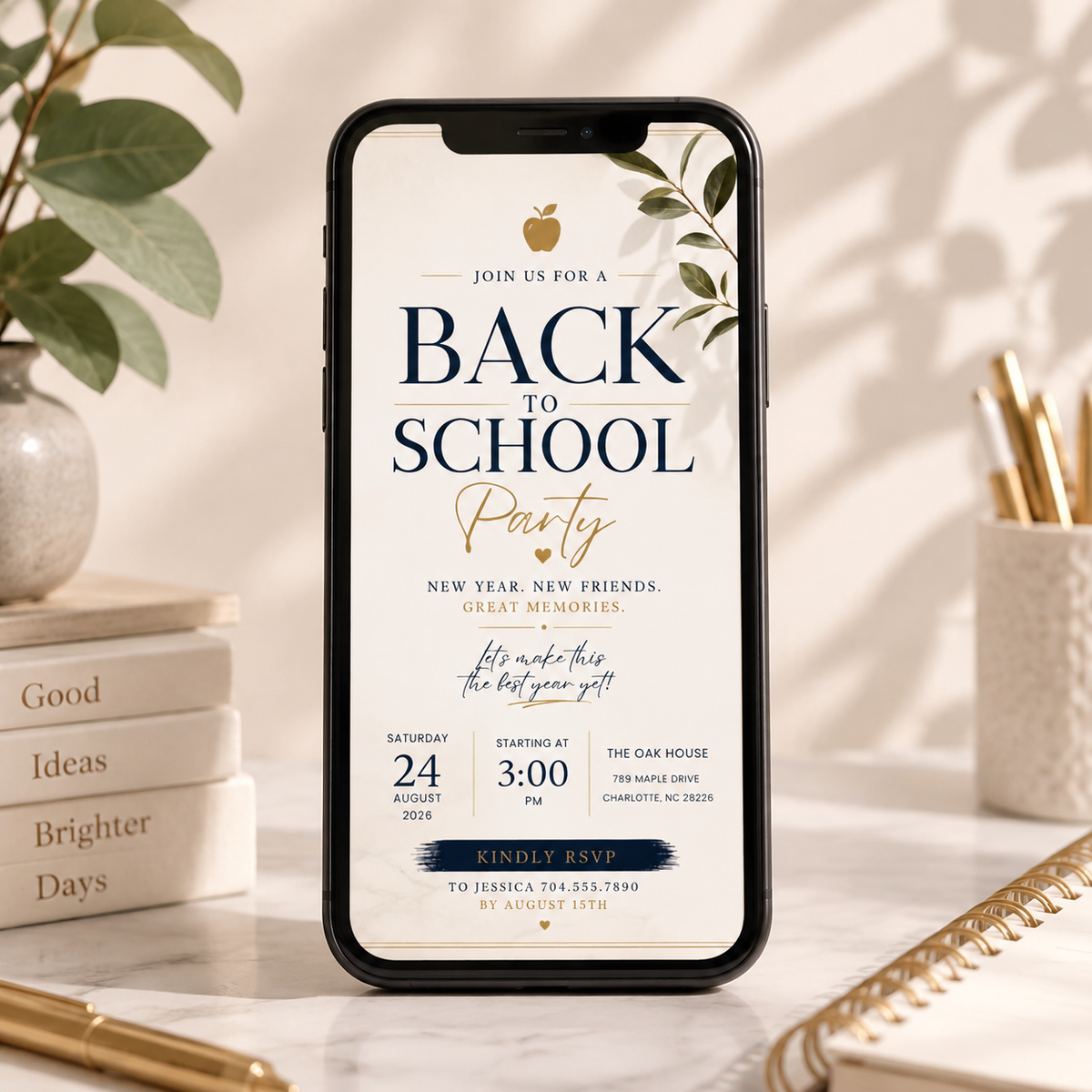 Back to School Party Invitation - Creme & Navy