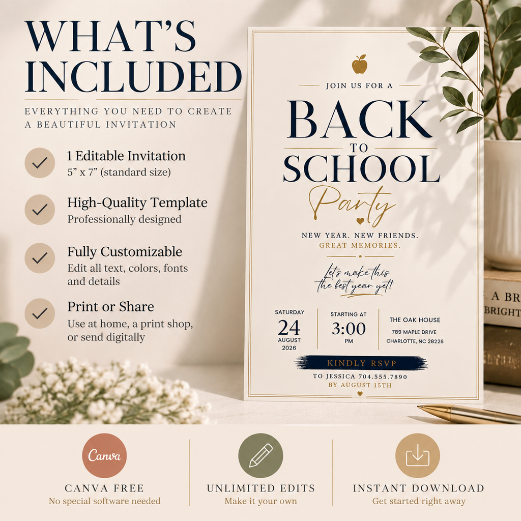Back to School Party Invitation - Creme & Navy
