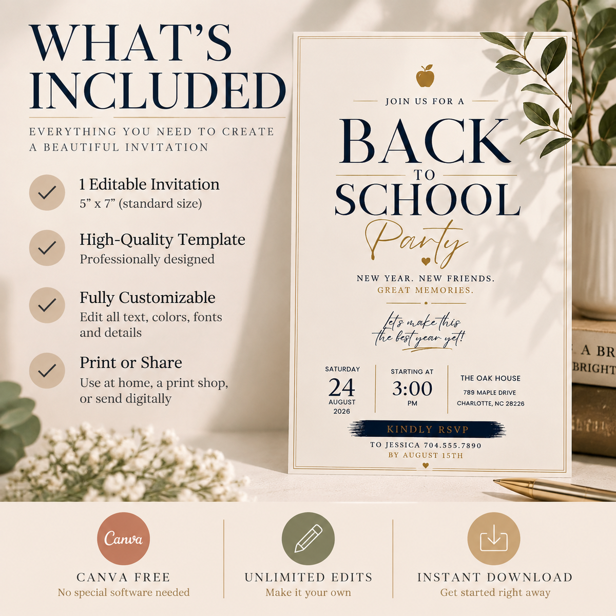 Back to School Party Invitation - Creme & Navy