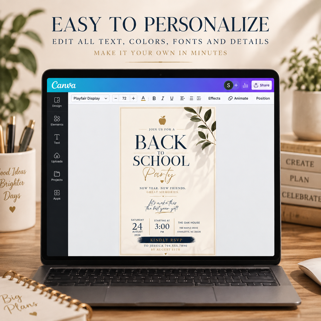 Back to School Party Invitation - Creme & Navy