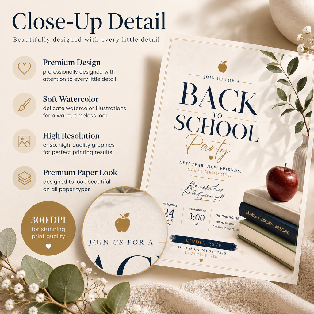 Back to School Party Invitation - Creme & Navy