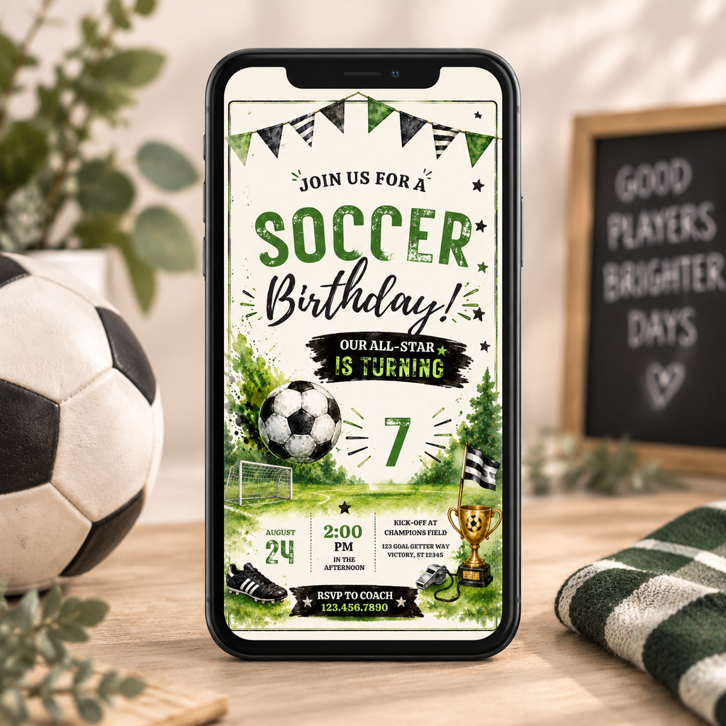 Watercolor Soccer Birthday Invitation