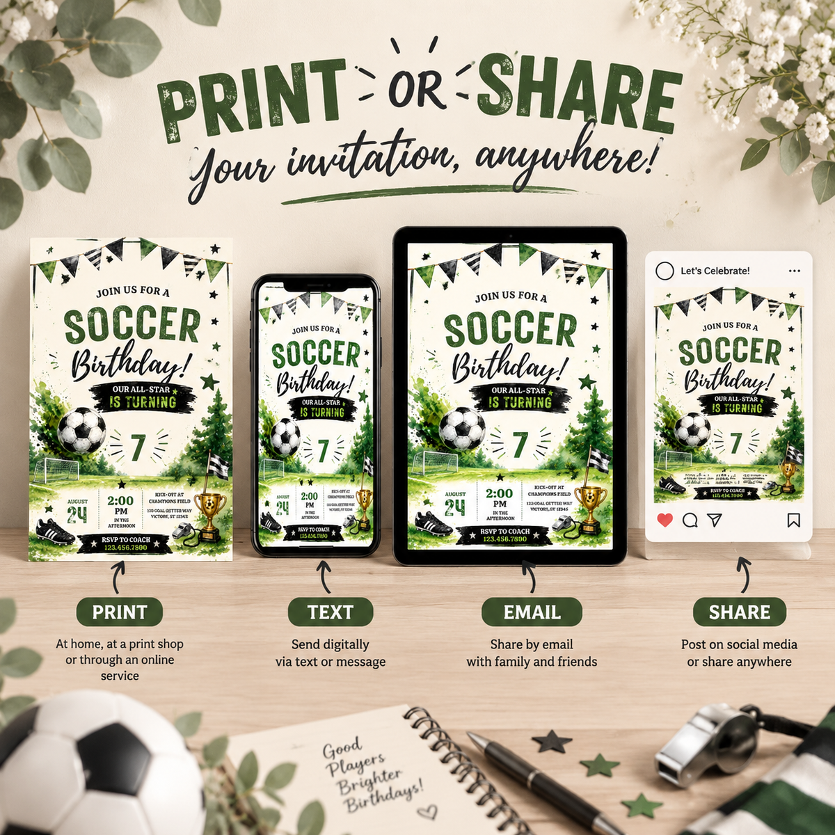 Watercolor Soccer Birthday Invitation