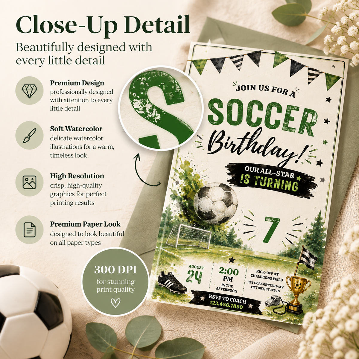 Watercolor Soccer Birthday Invitation