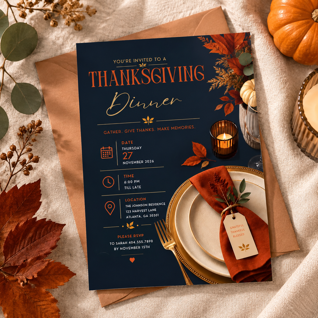 Thanksgiving Dinner Invitation - Navy & Rust