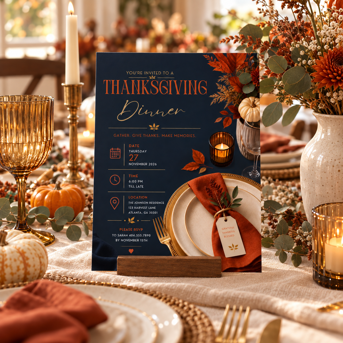 Thanksgiving Dinner Invitation - Navy & Rust