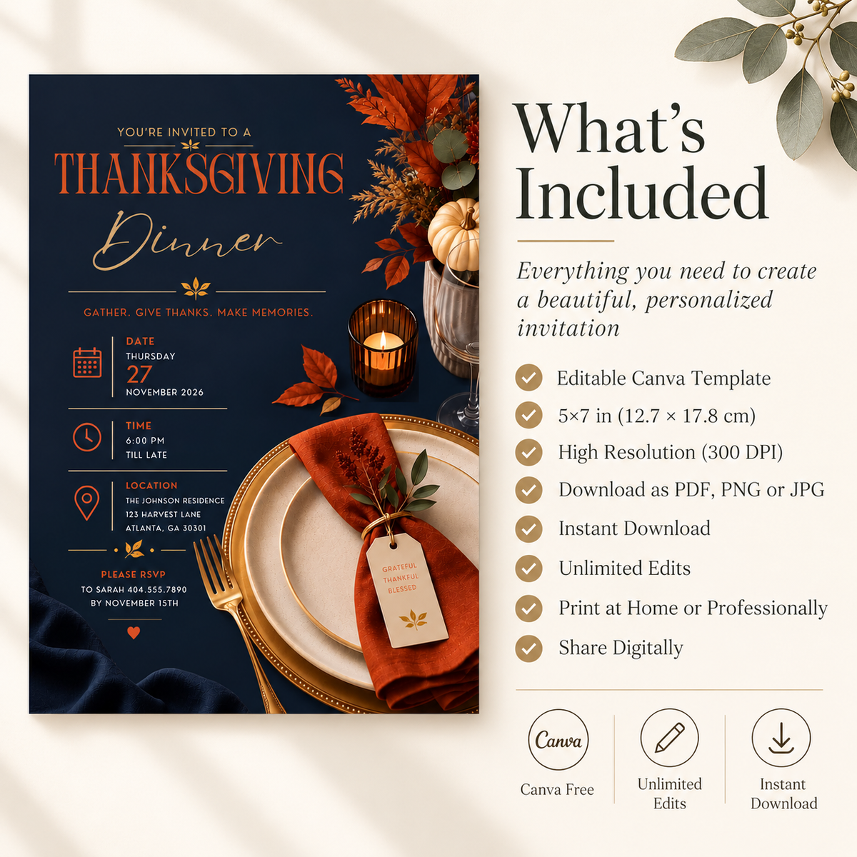 Thanksgiving Dinner Invitation - Navy & Rust