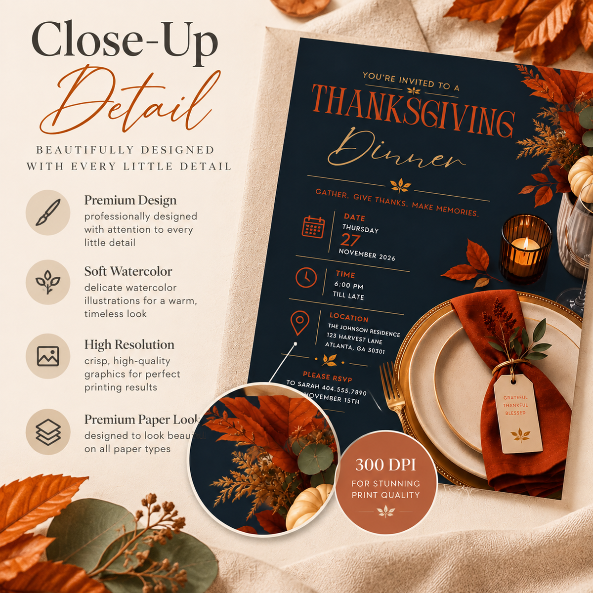 Thanksgiving Dinner Invitation - Navy & Rust