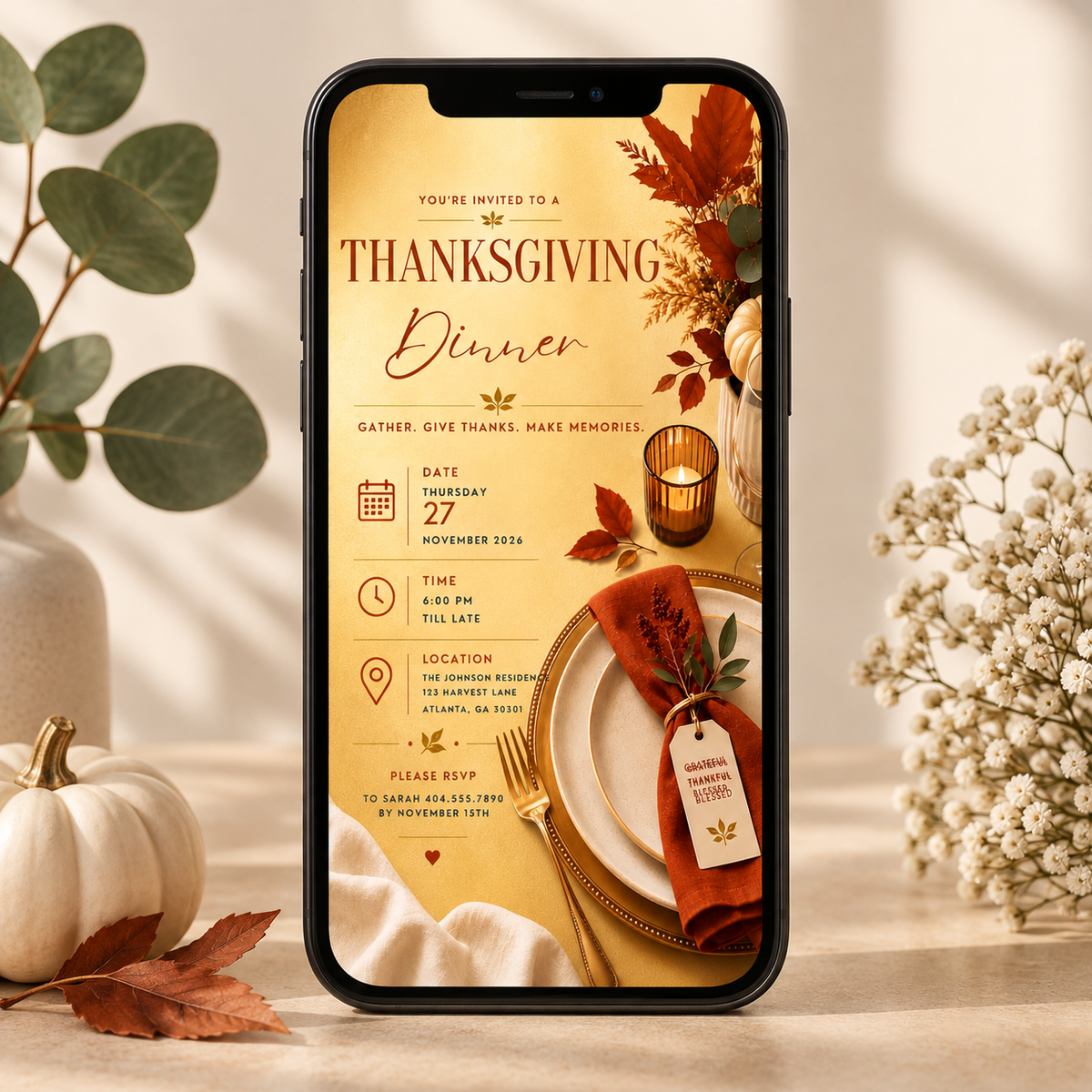 Thanksgiving Dinner Invitation - Rust & Gold