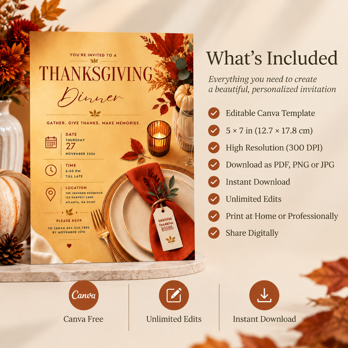Thanksgiving Dinner Invitation - Rust & Gold