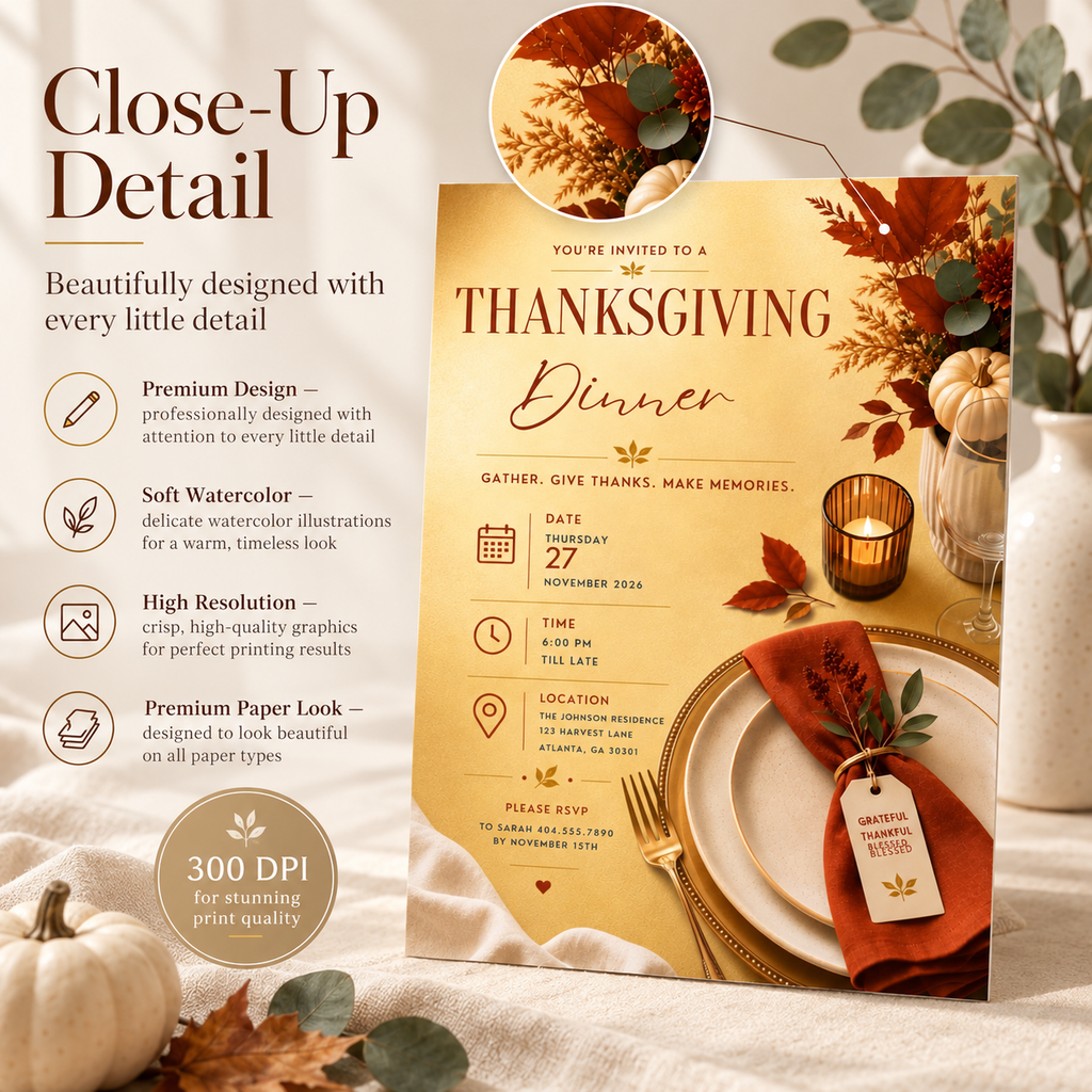 Thanksgiving Dinner Invitation - Rust & Gold
