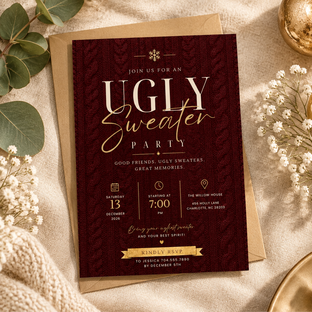 Ugly Sweater Party Invitation Christmas Sweater - Cream & Burgundy