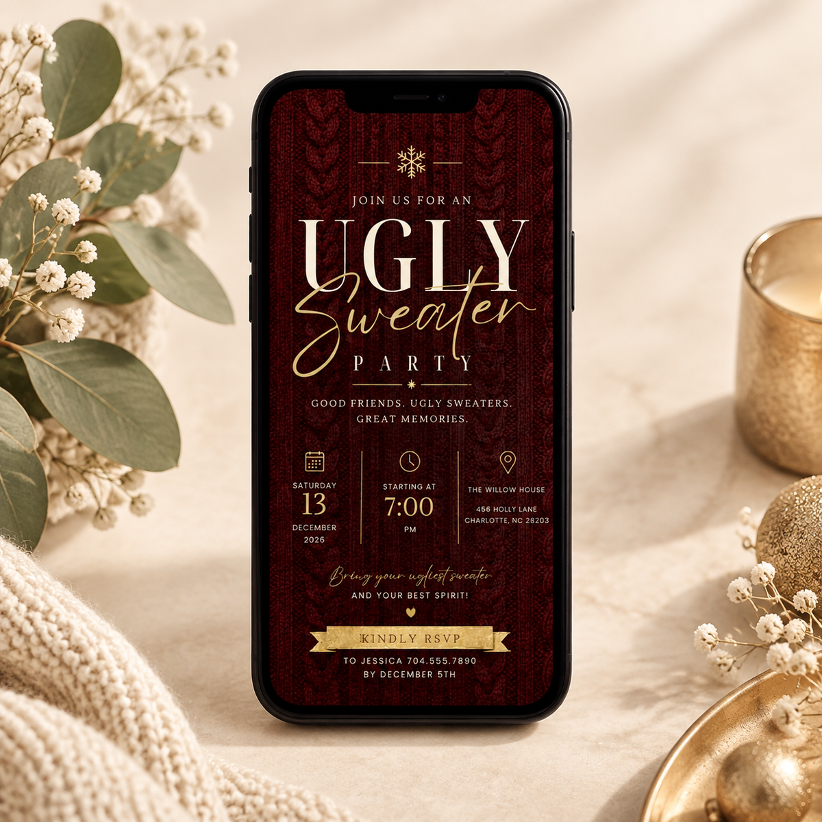 Ugly Sweater Party Invitation Christmas Sweater - Cream & Burgundy