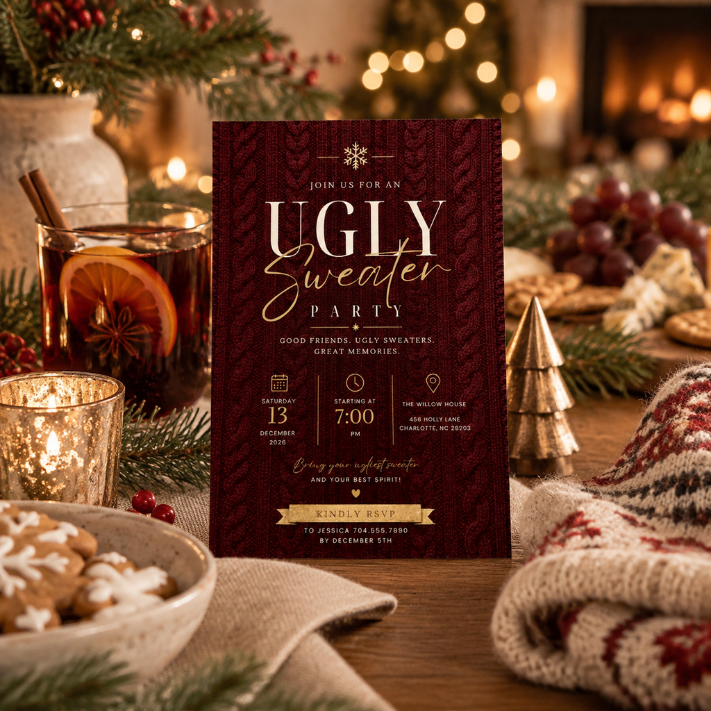Ugly Sweater Party Invitation Christmas Sweater - Cream & Burgundy