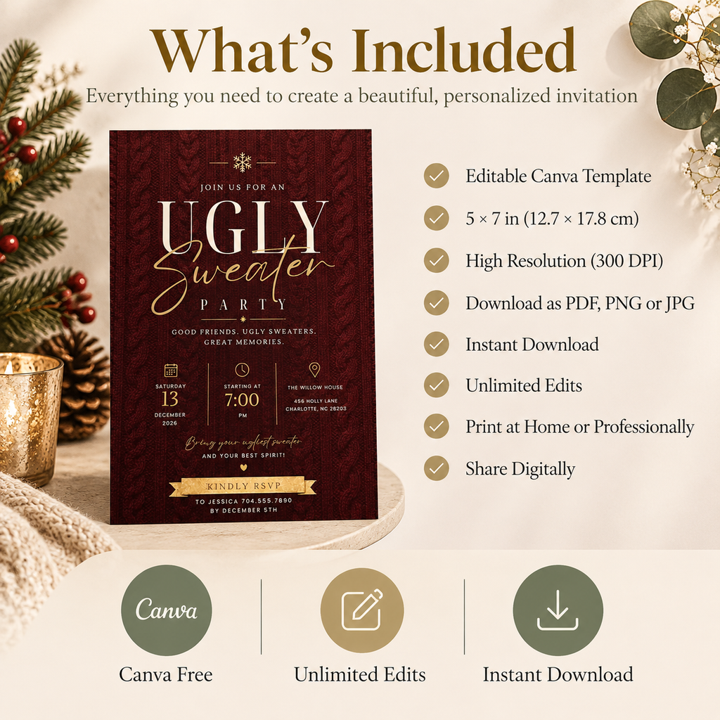 Ugly Sweater Party Invitation Christmas Sweater - Cream & Burgundy