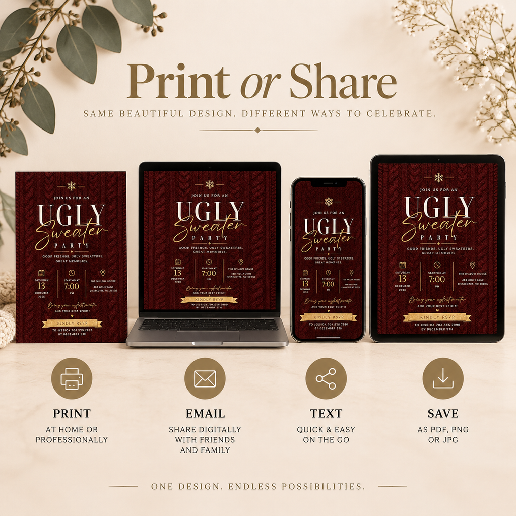 Ugly Sweater Party Invitation Christmas Sweater - Cream & Burgundy