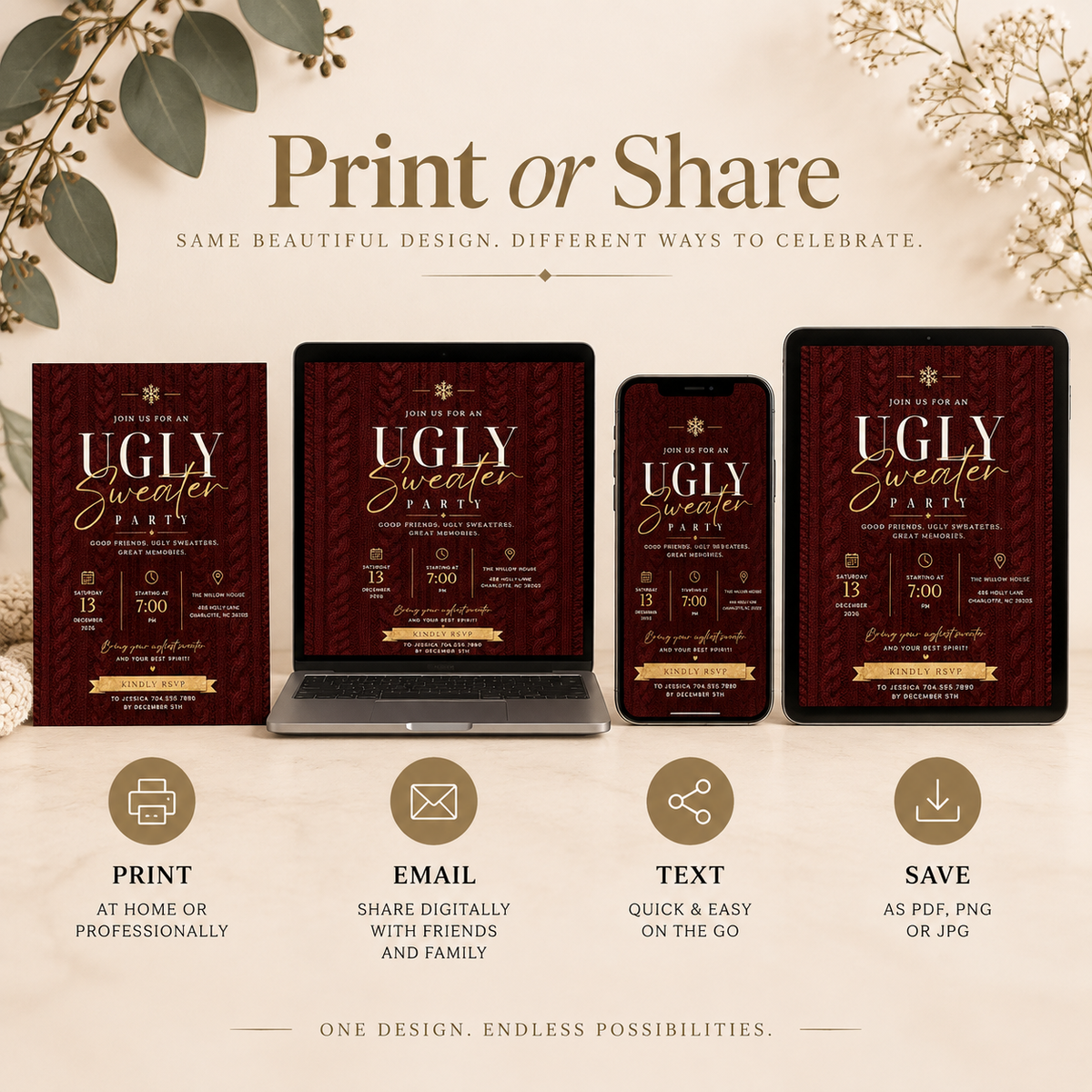 Ugly Sweater Party Invitation Christmas Sweater - Cream & Burgundy