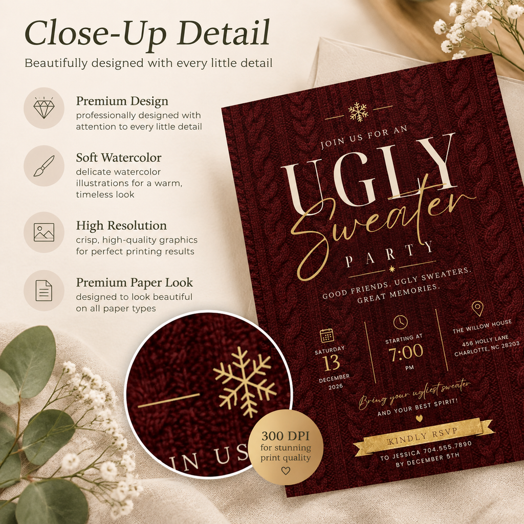 Ugly Sweater Party Invitation Christmas Sweater - Cream & Burgundy