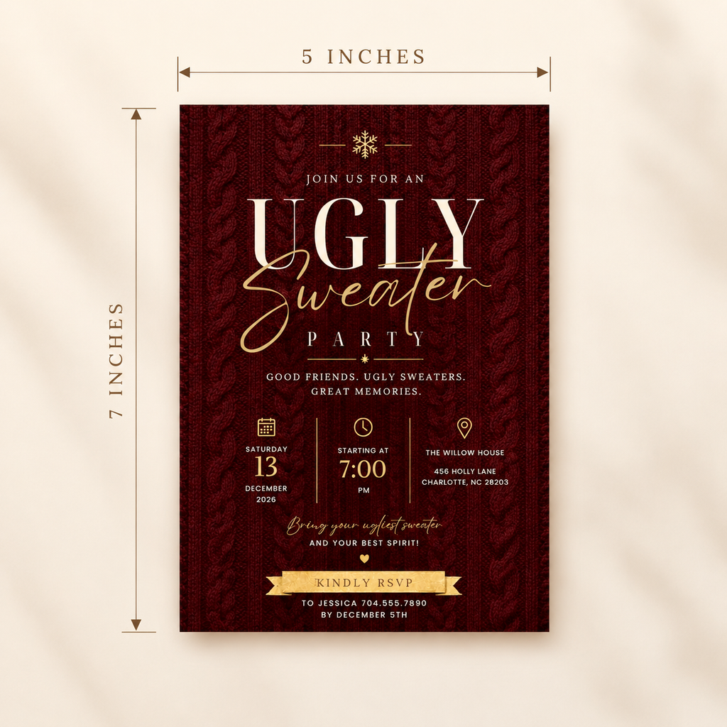 Ugly Sweater Party Invitation Christmas Sweater - Cream & Burgundy
