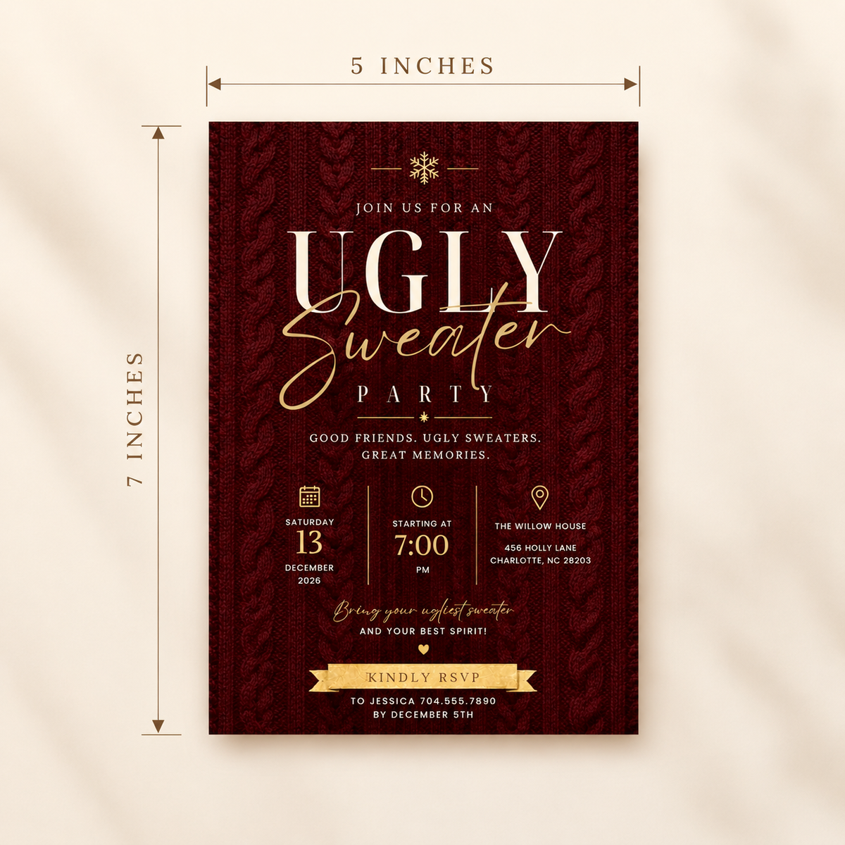 Ugly Sweater Party Invitation Christmas Sweater - Cream & Burgundy
