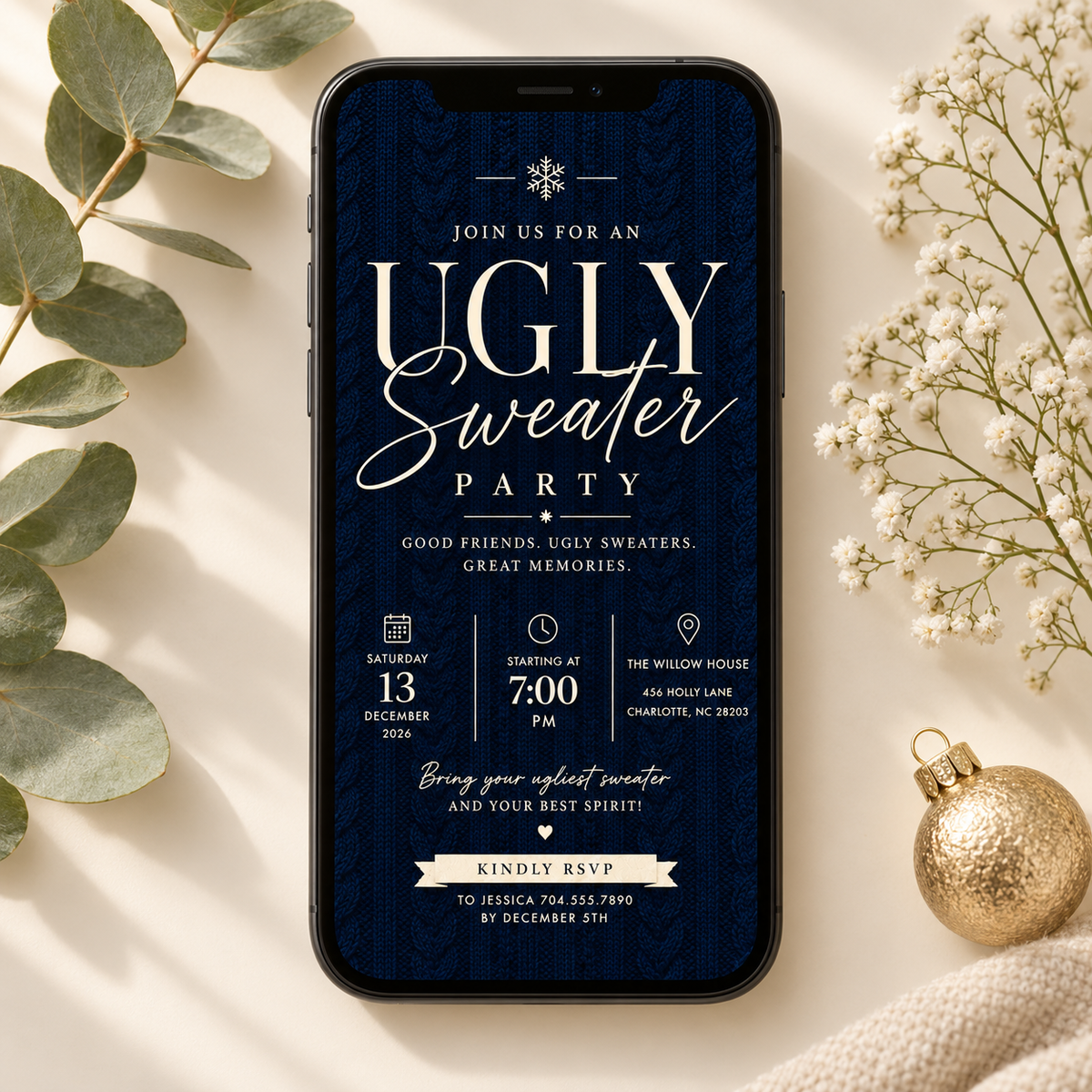 Ugly Sweater Party Invitation  - Navy & cream
